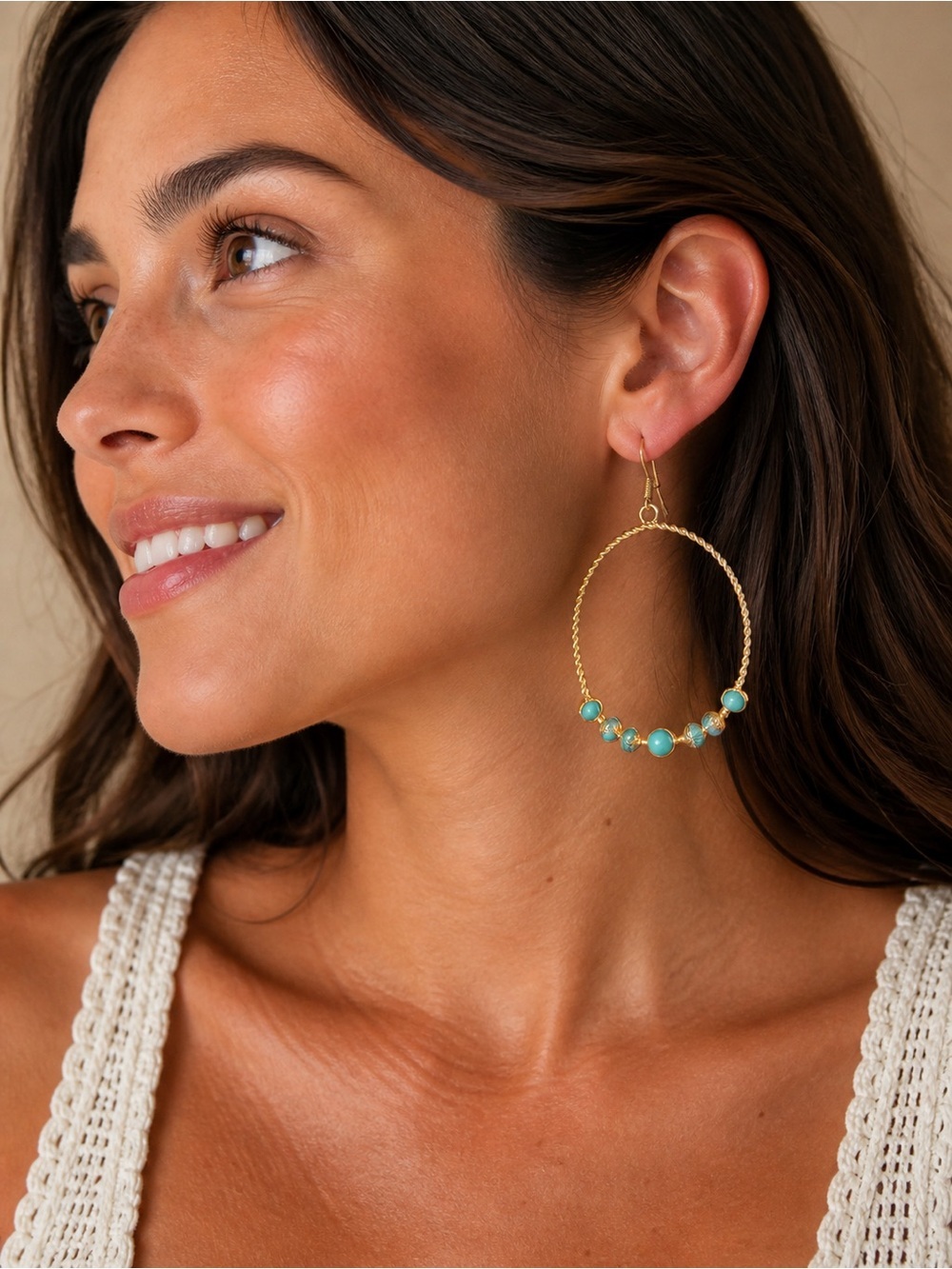 Plunder Turquoise Hoop Earrings Gold Beaded Statement Dangle Western Boho Chic